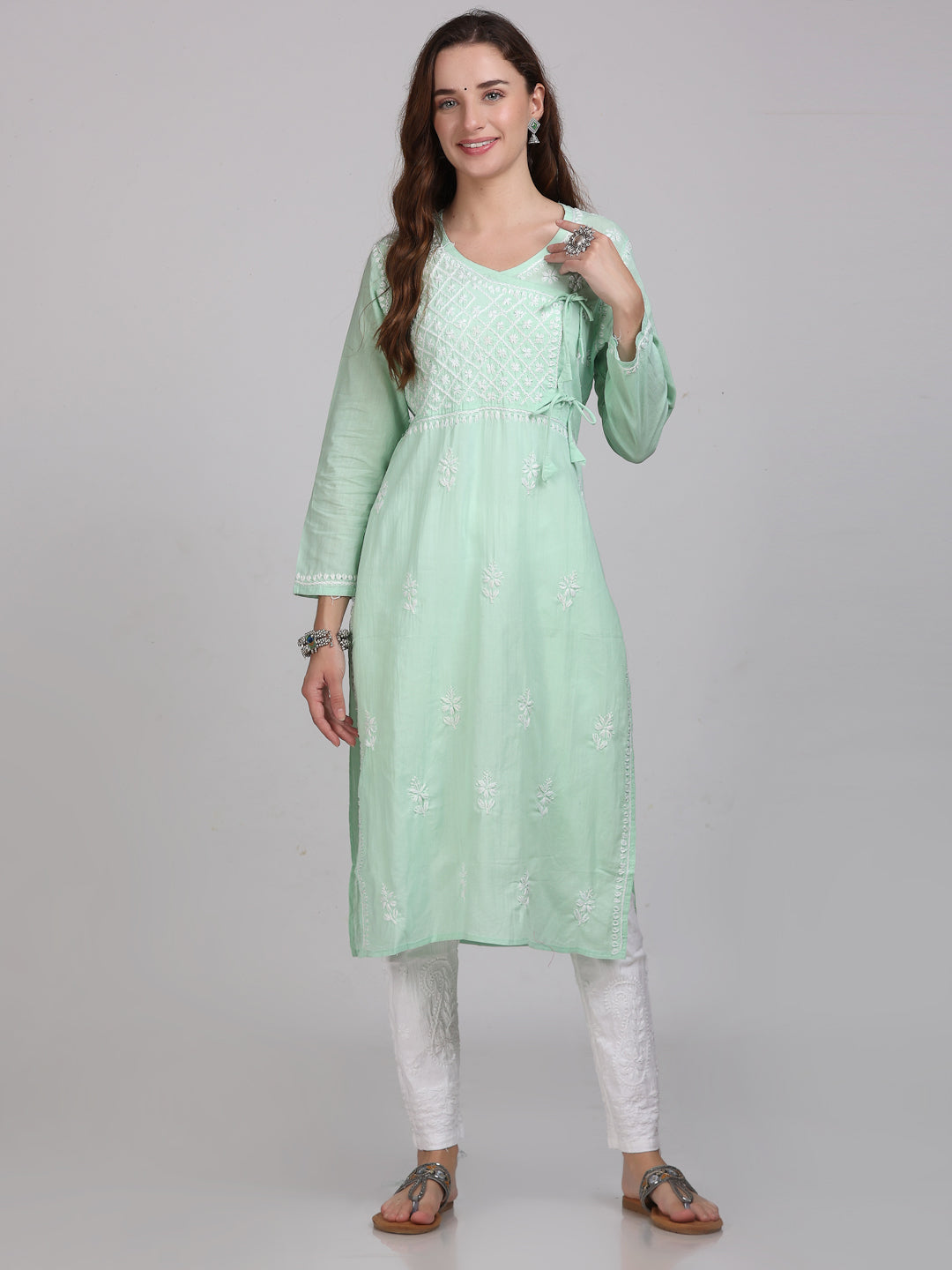 Fashion Chikan Art Women's Lucknowi Chikankari Hand Work Cotton Angrakha Style Kurta