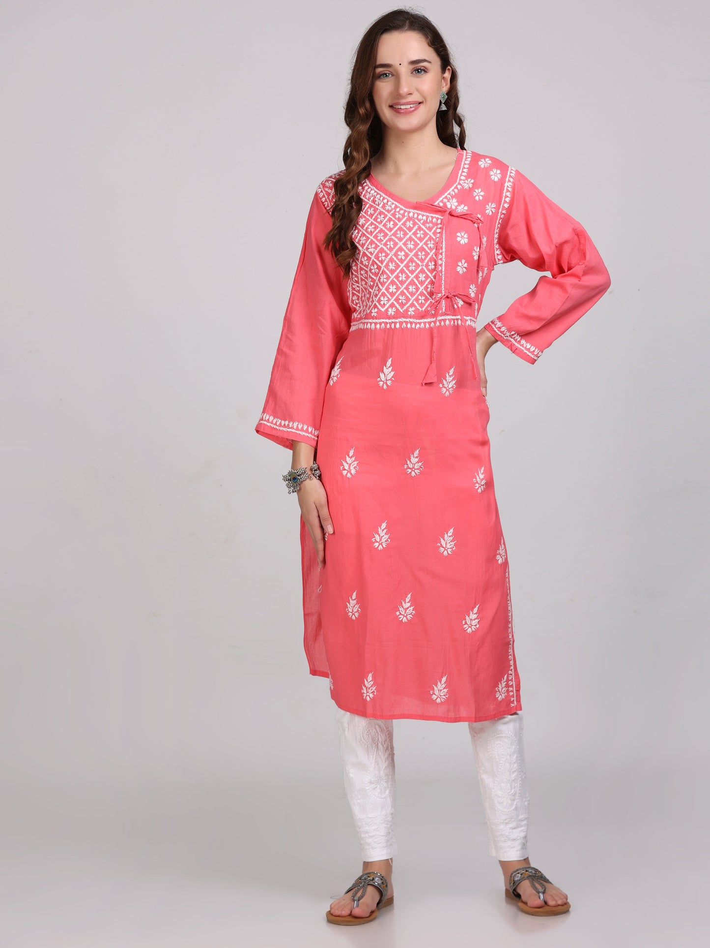 Fashion Chikan Art Women's Lucknowi Chikankari Hand Work Cotton Angrakha Style Kurta