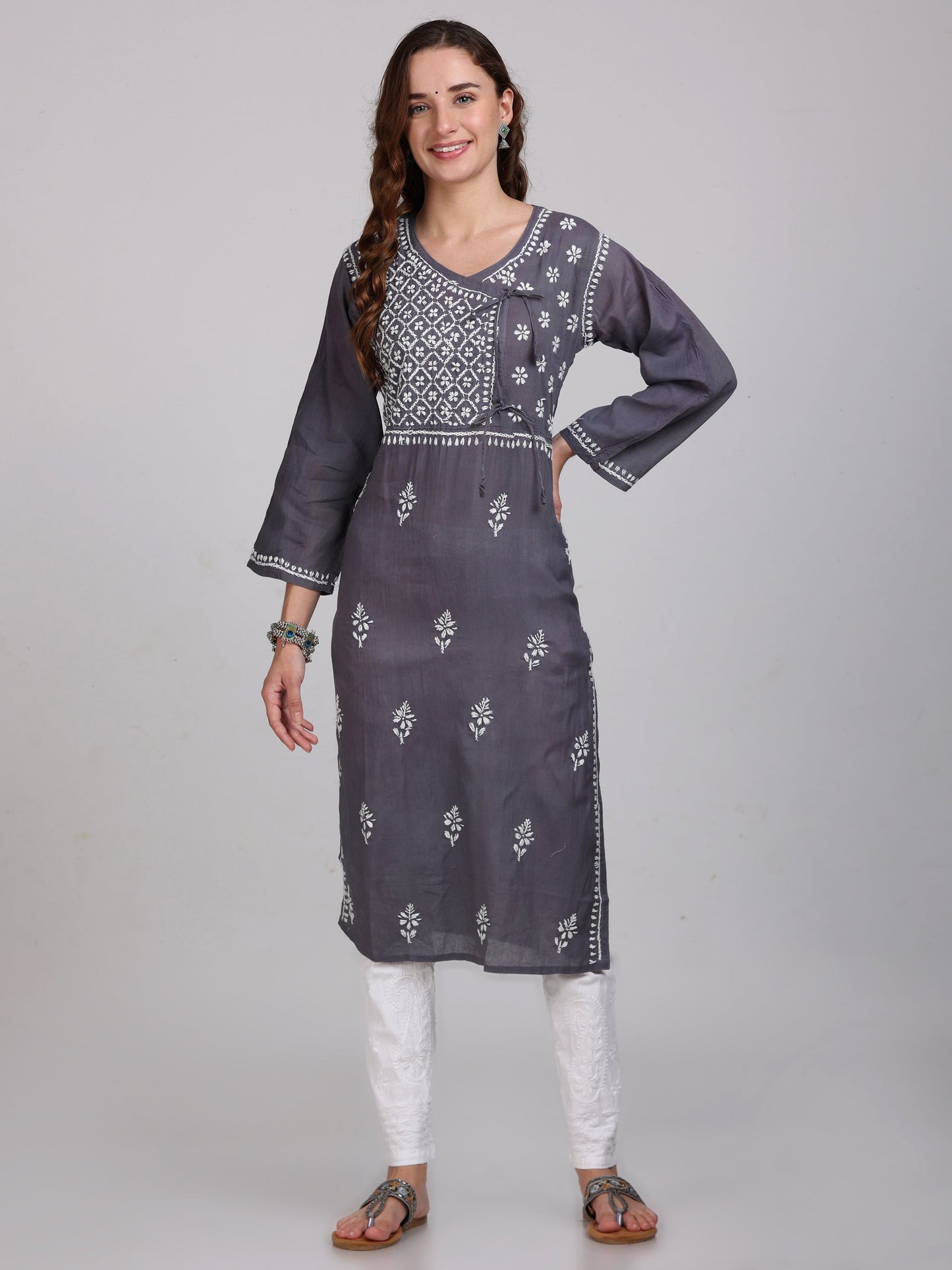 Fashion Chikan Art Women's Lucknowi Chikankari Hand Work Cotton Angrakha Style Kurta