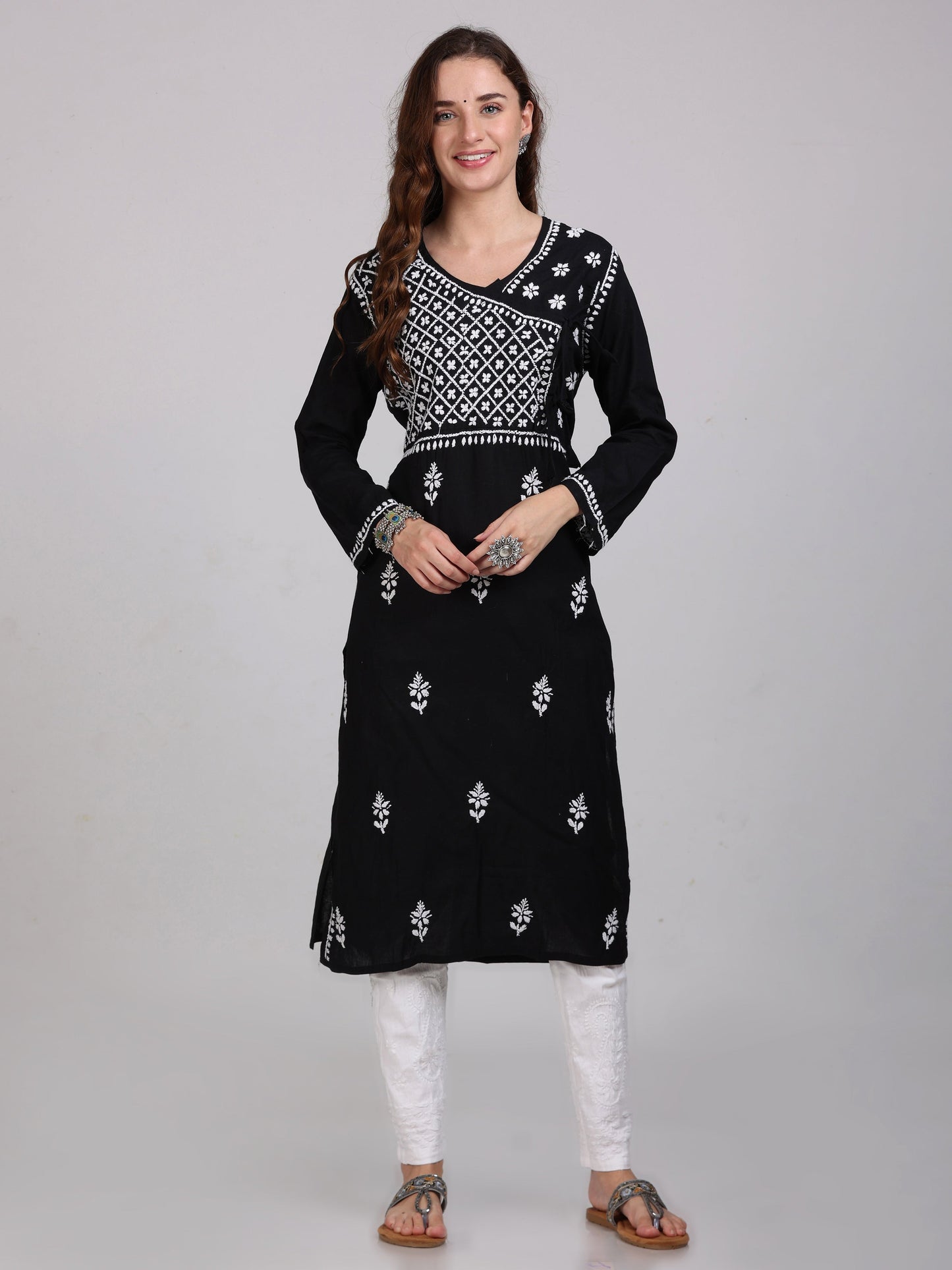 Fashion Chikan Art Women's Lucknowi Chikankari Hand Work Cotton Angrakha Style Kurta