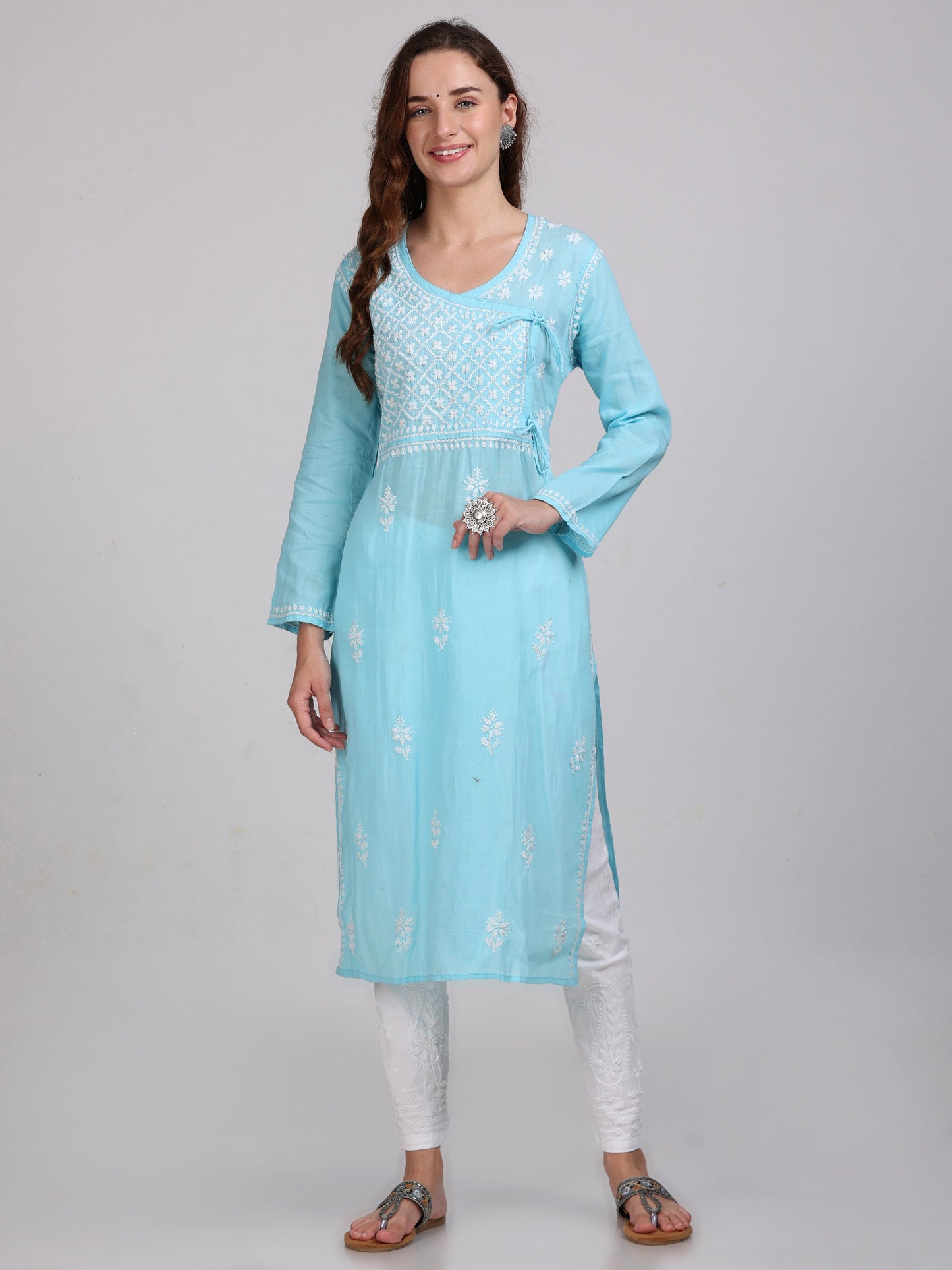 Fashion Chikan Art Women's Lucknowi Chikankari Hand Work Cotton Angrakha Style Kurta