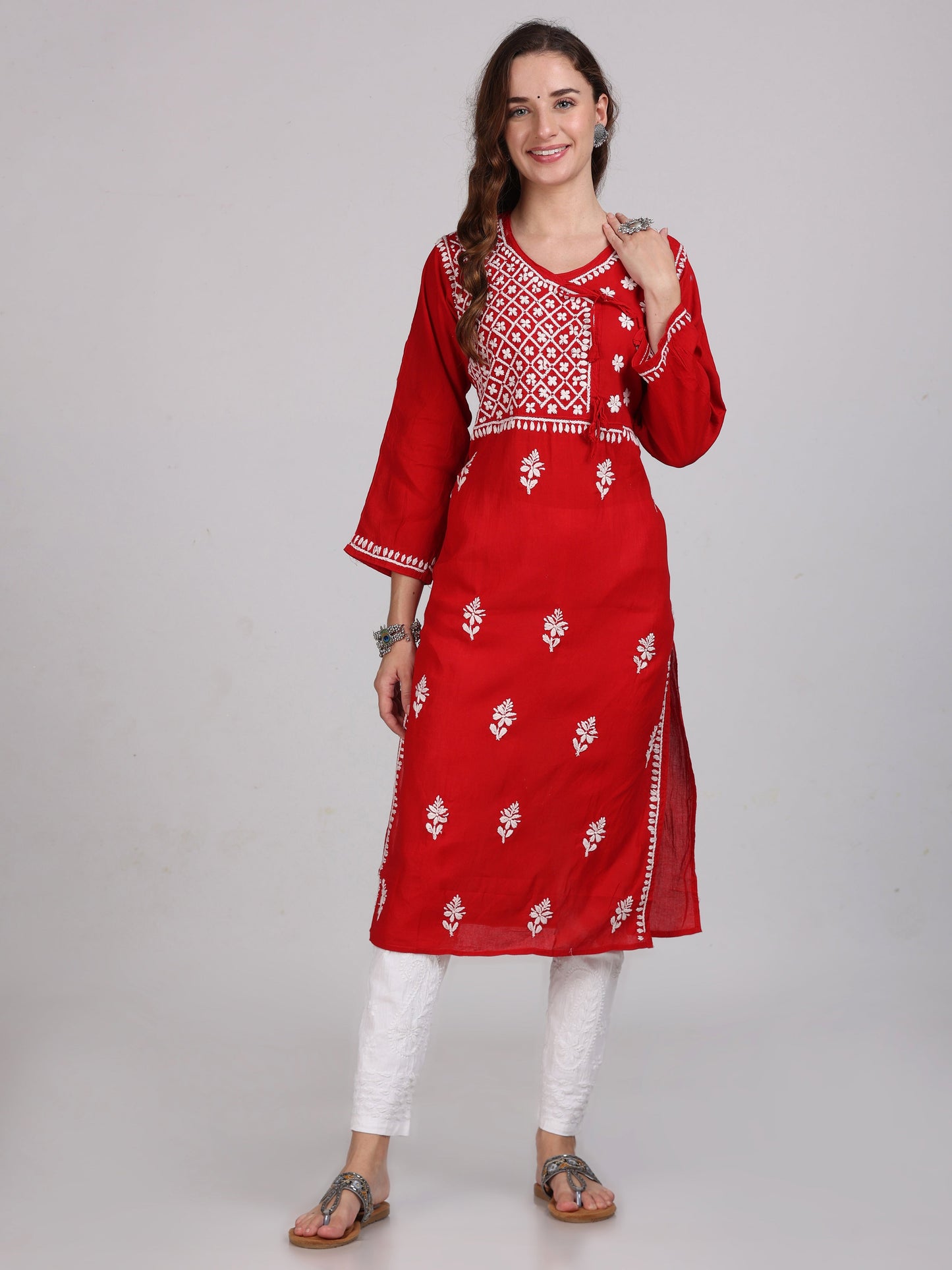 Fashion Chikan Art Women's Lucknowi Chikankari Hand Work Cotton Angrakha Style Kurta