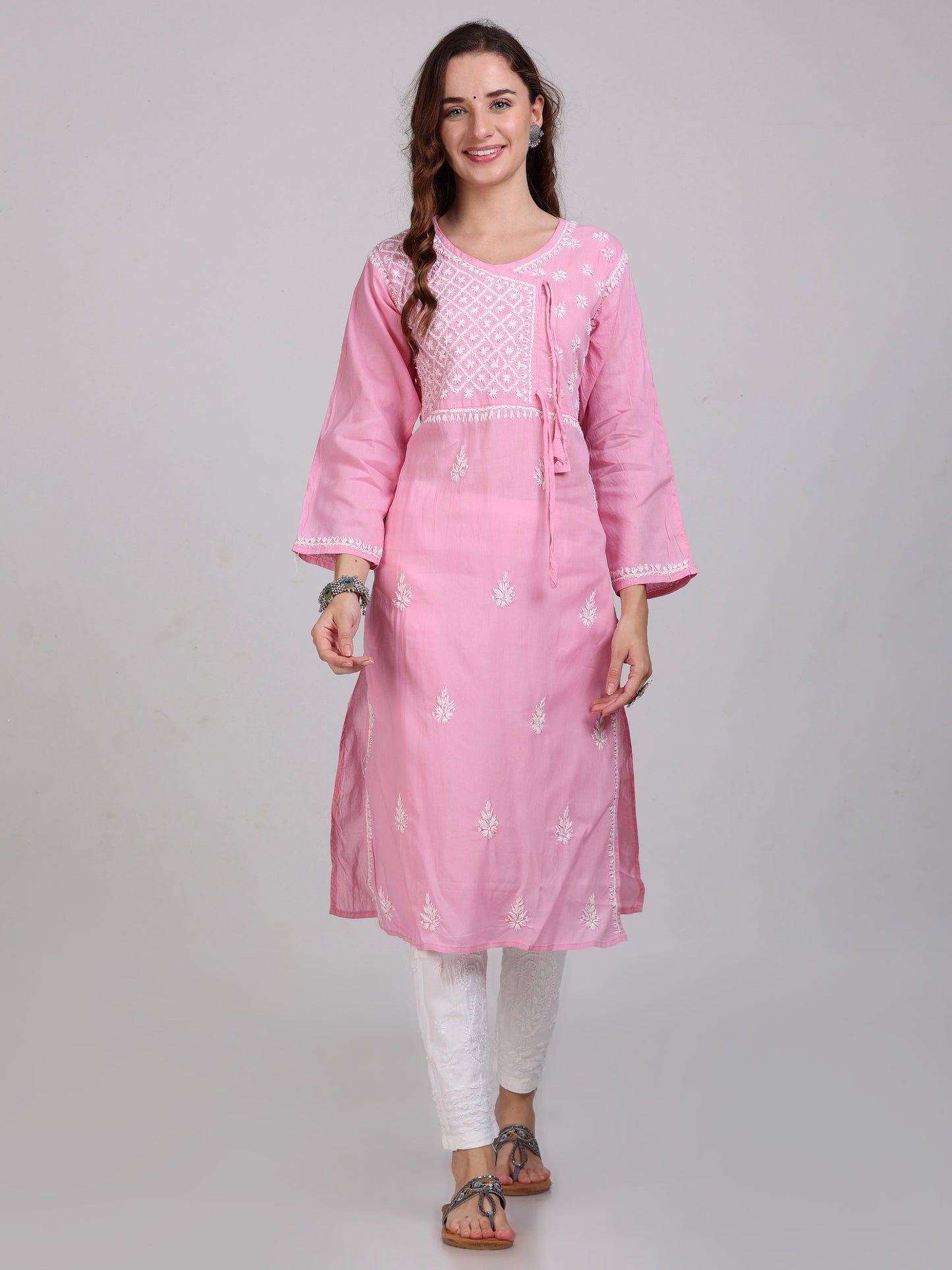 Fashion Chikan Art Women's Lucknowi Chikankari Hand Work Cotton Angrakha Style Kurta