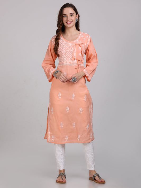 Fashion Chikan Art Women's Lucknowi Chikankari Hand Work Cotton Angrakha Style Kurta