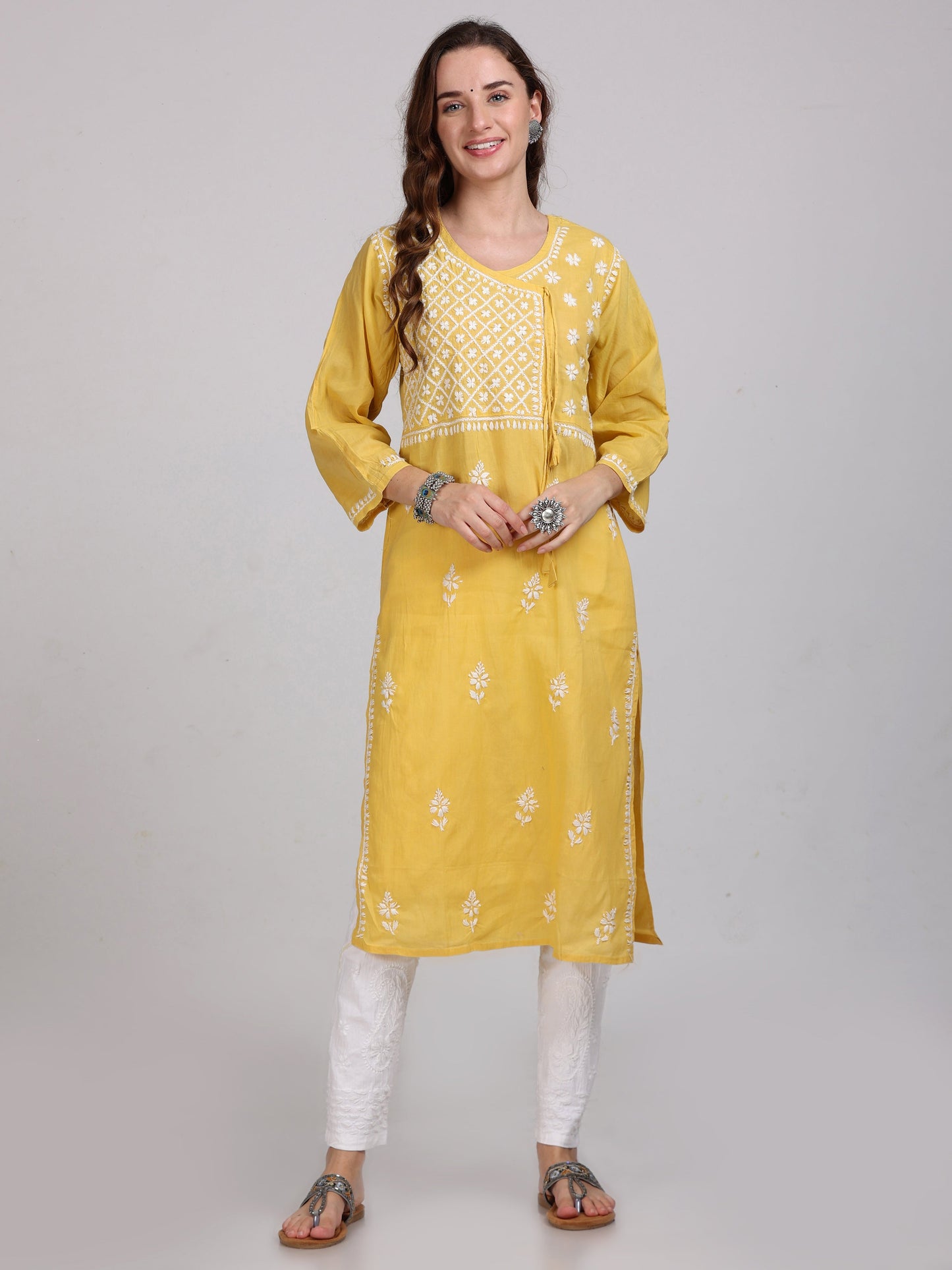 Fashion Chikan Art Women's Lucknowi Chikankari Hand Work Cotton Angrakha Style Kurta