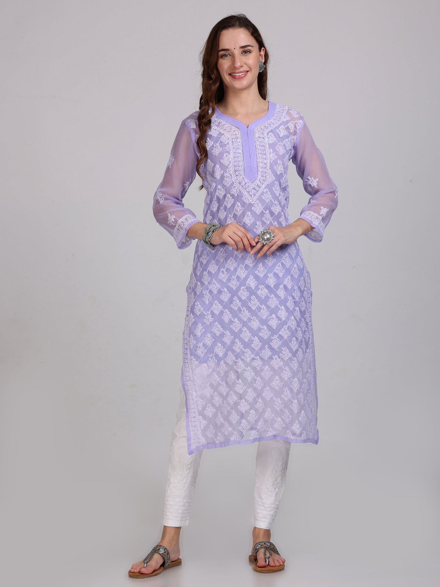 Chikankari Front All-Over Work Chiffon Straight Kurta With Matching Inner