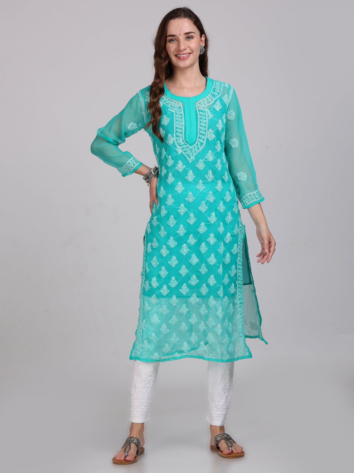 Chikankari Front All-Over Work Chiffon Straight Kurta With Matching Inner