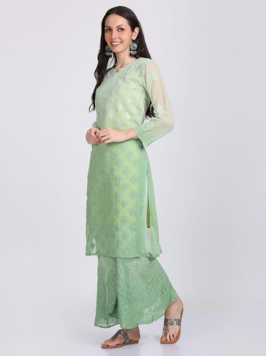 Chikankari Plain Ombre Dyed Kurta,Sharara,Dupatta On Chiffon Fabric With Inner